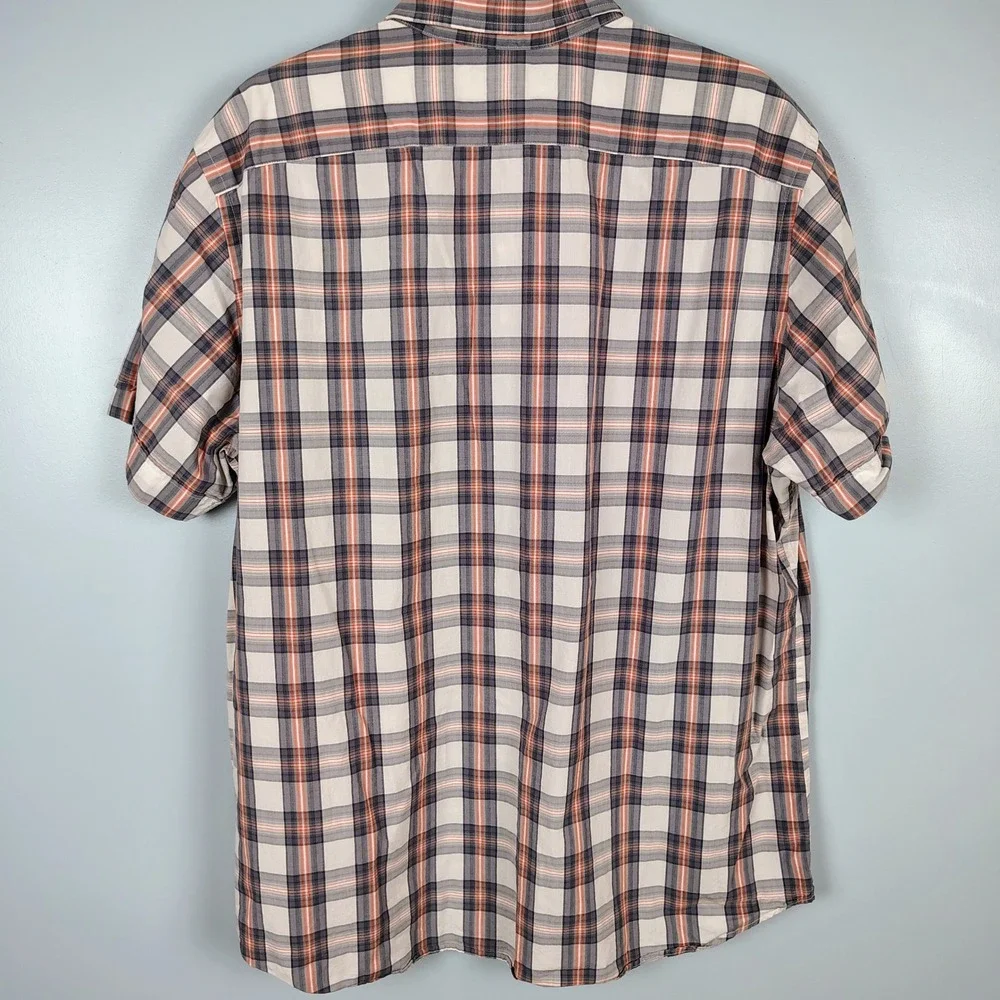 Banana Republic Mens XL Short Sleeve Plaid Shirt Grey Orange Cotton Dadcore